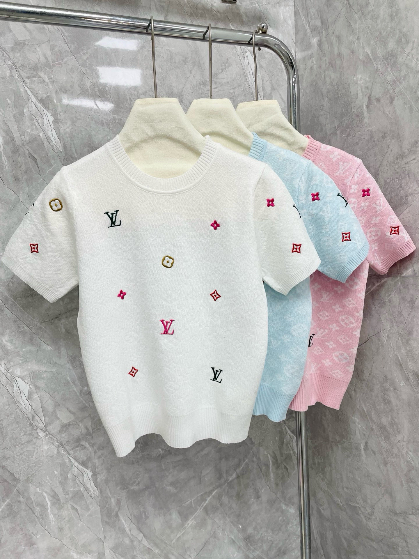 Louis Vuit25SS Flower Colourful Embroidery Embellished Round Neck Short Sleeve