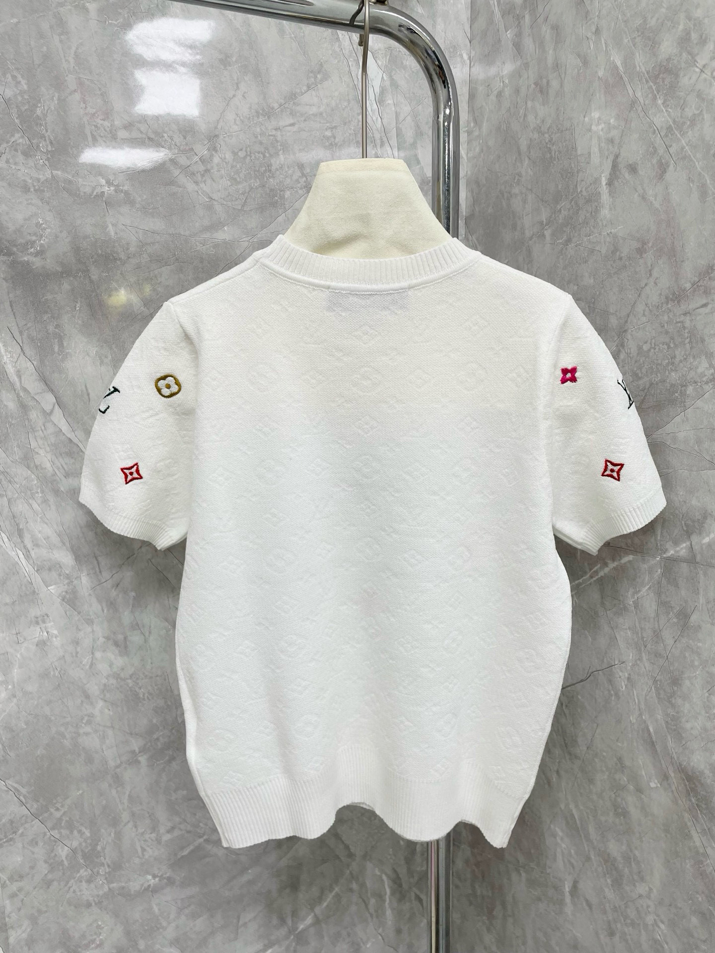 Louis Vuit25SS Flower Colourful Embroidery Embellished Round Neck Short Sleeve