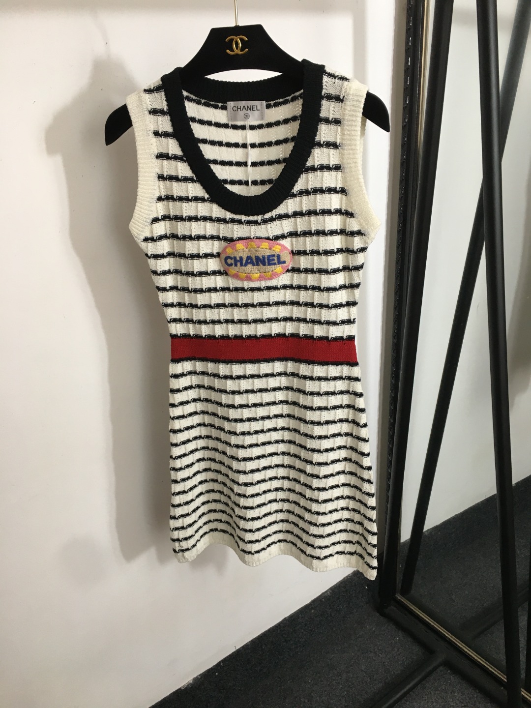 CHANE25SS embroidered striped knit vest dress