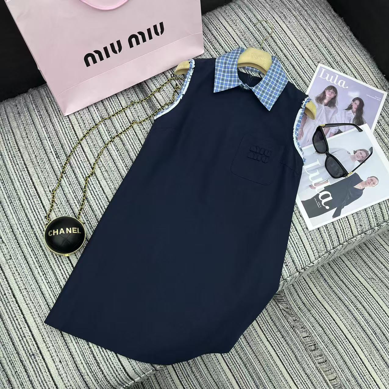 Miu New Plaid Lapel Sleeveless Dress