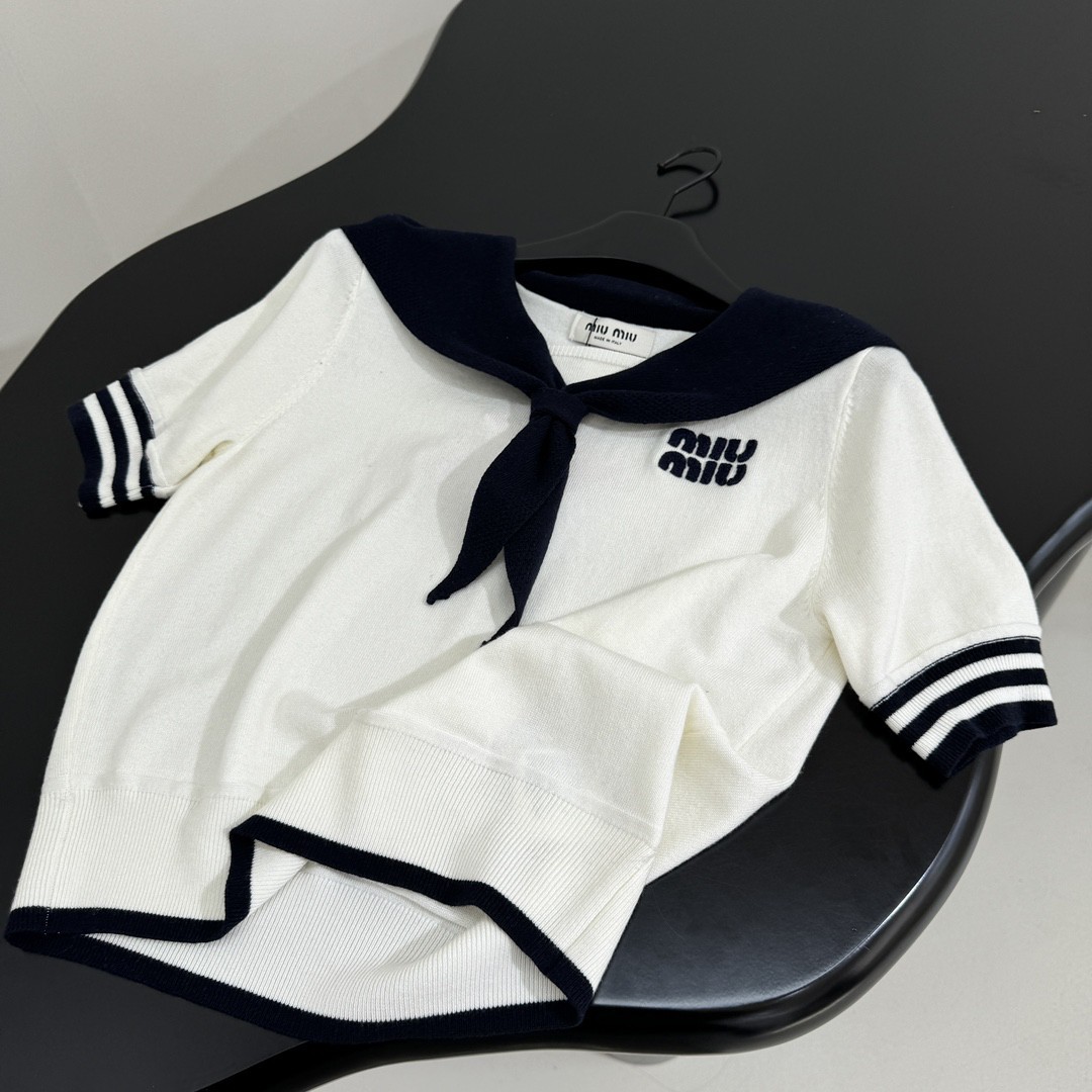 Navy Collar Wool Patchwork Polo Shirt