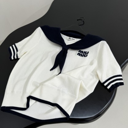 Navy Collar Wool Patchwork Polo Shirt