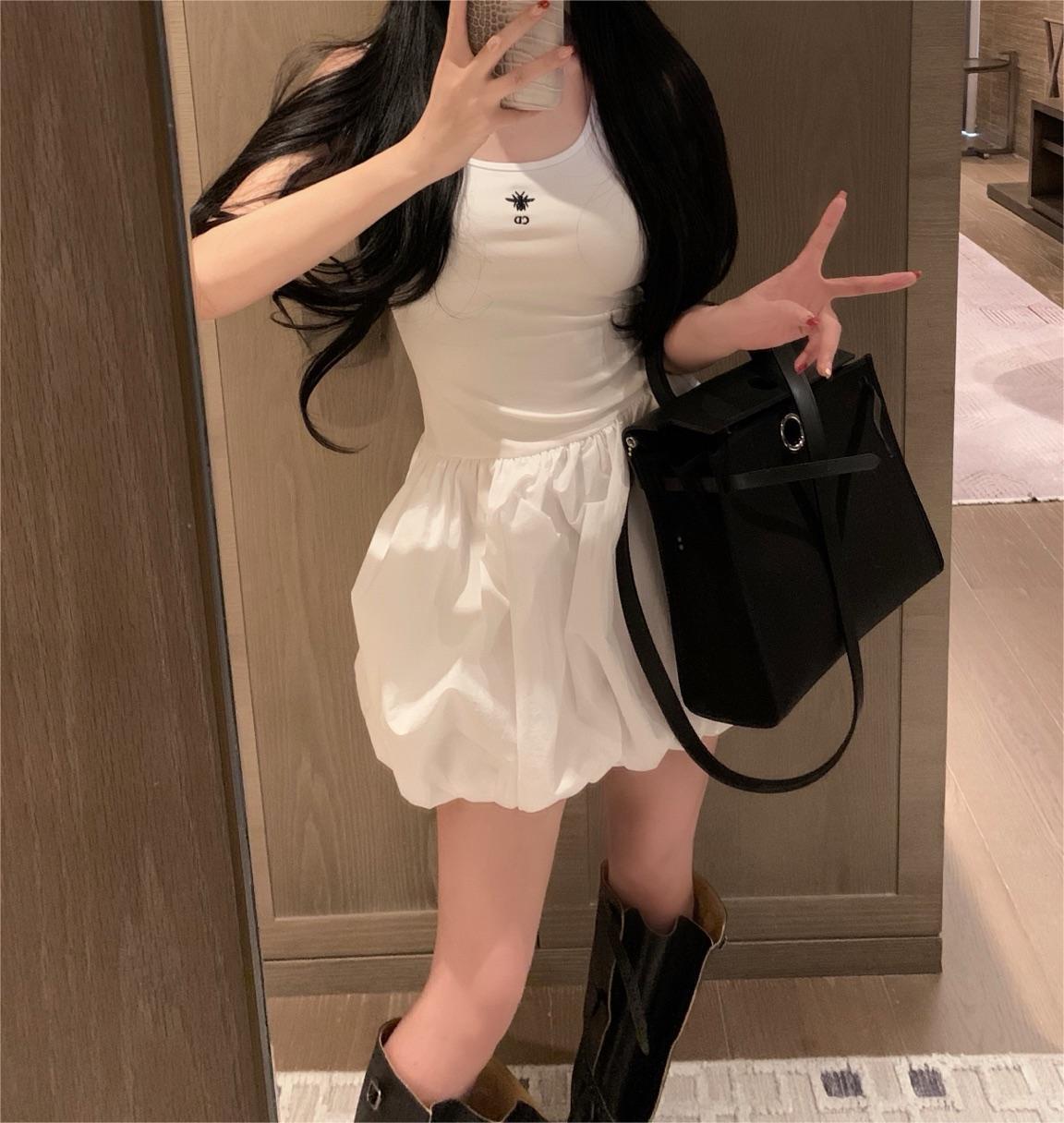 DIO25SS Embroidered Hem Patchwork Puffy Dress