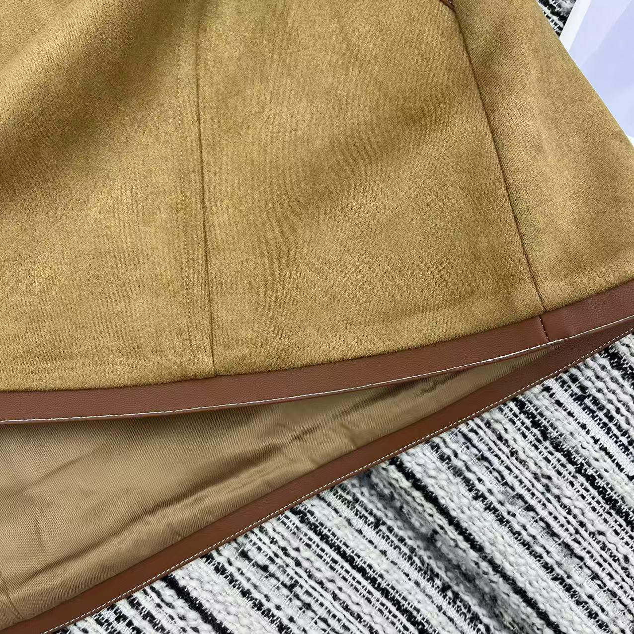 MIU25SS Patchwork Leather Trimmed Deerskin Velvet Small A Short Half Skirt