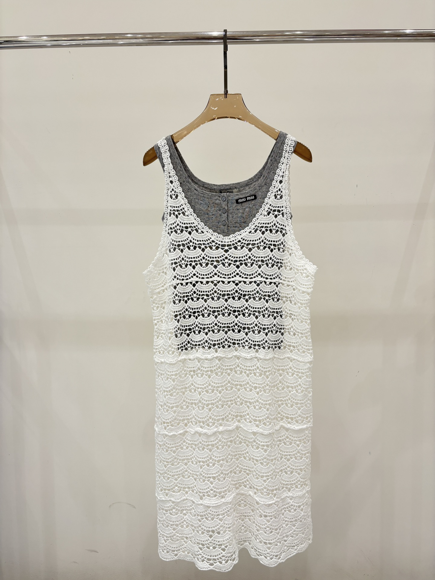 MIU25SS round neck letter logo patch simple lace tunic knit two-piece set