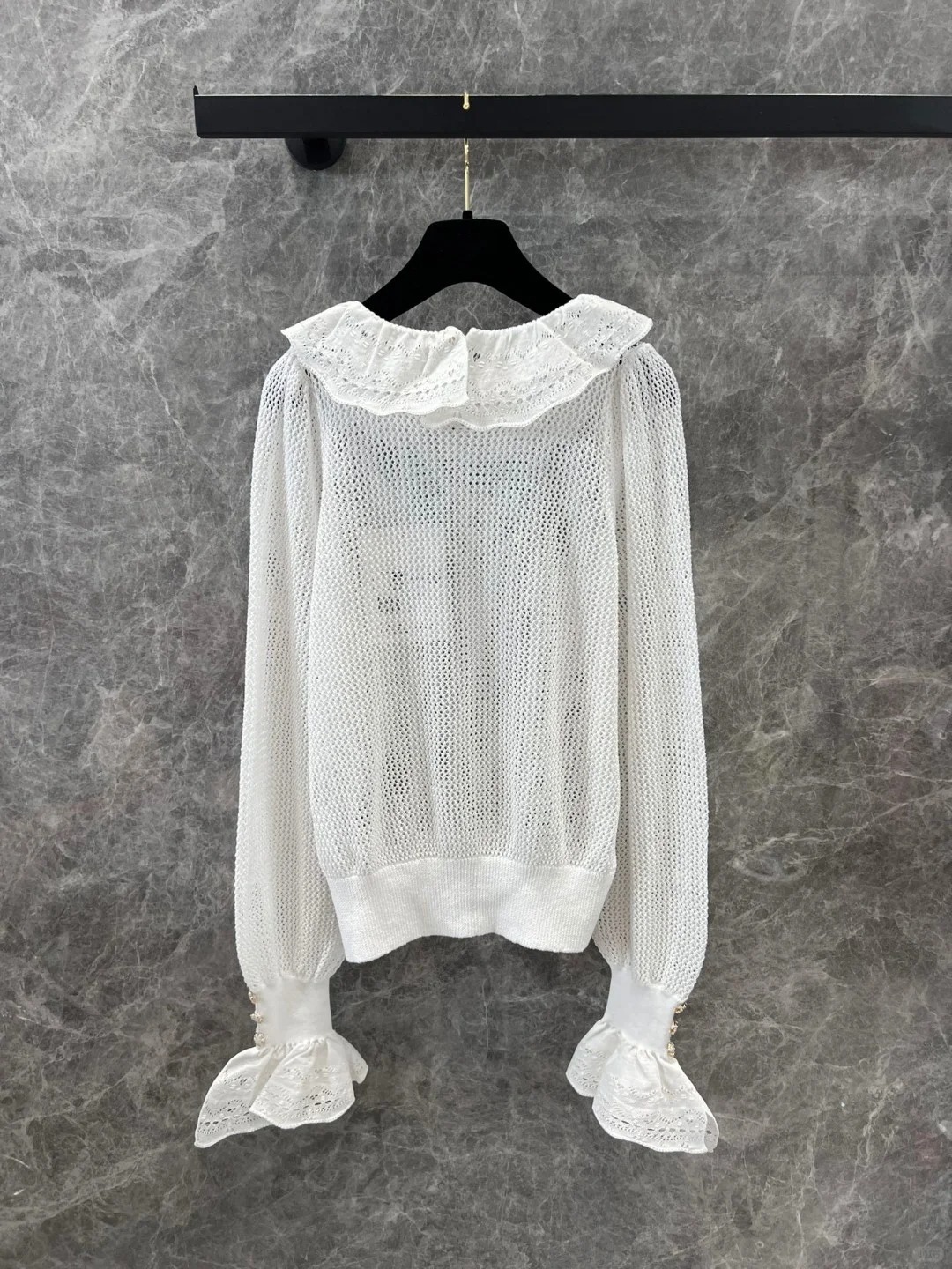 CHANE25SS Cutout Mesh Lace Neck Top