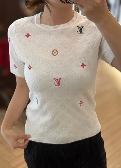 Louis Vuit25SS Flower Colourful Embroidery Embellished Round Neck Short Sleeve