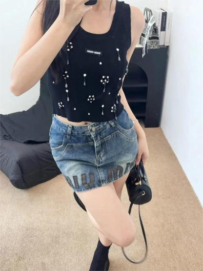 MIU25SS beaded rhinestone knit tank top