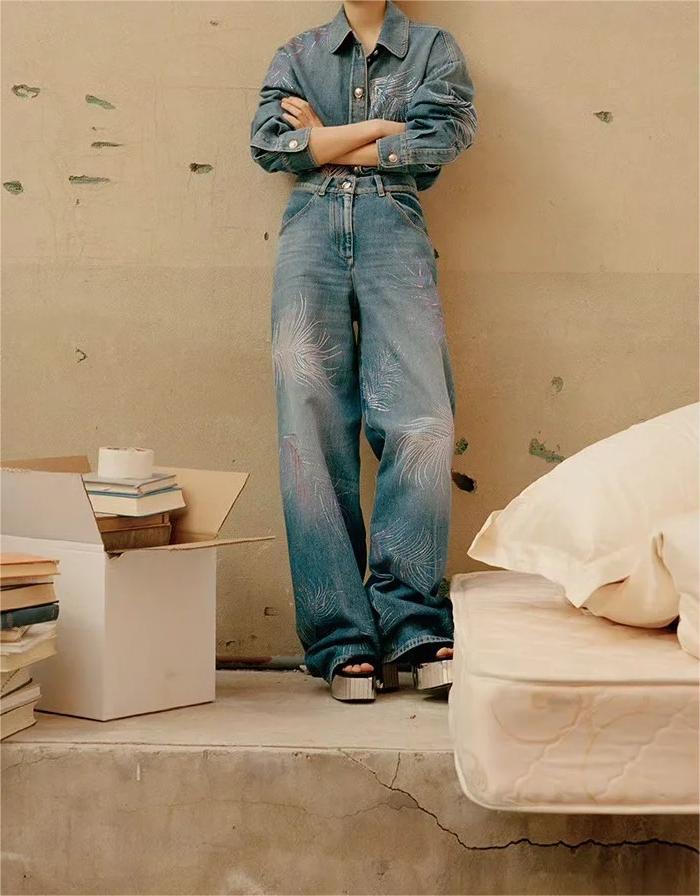 CHANE rhinestone feather jeans