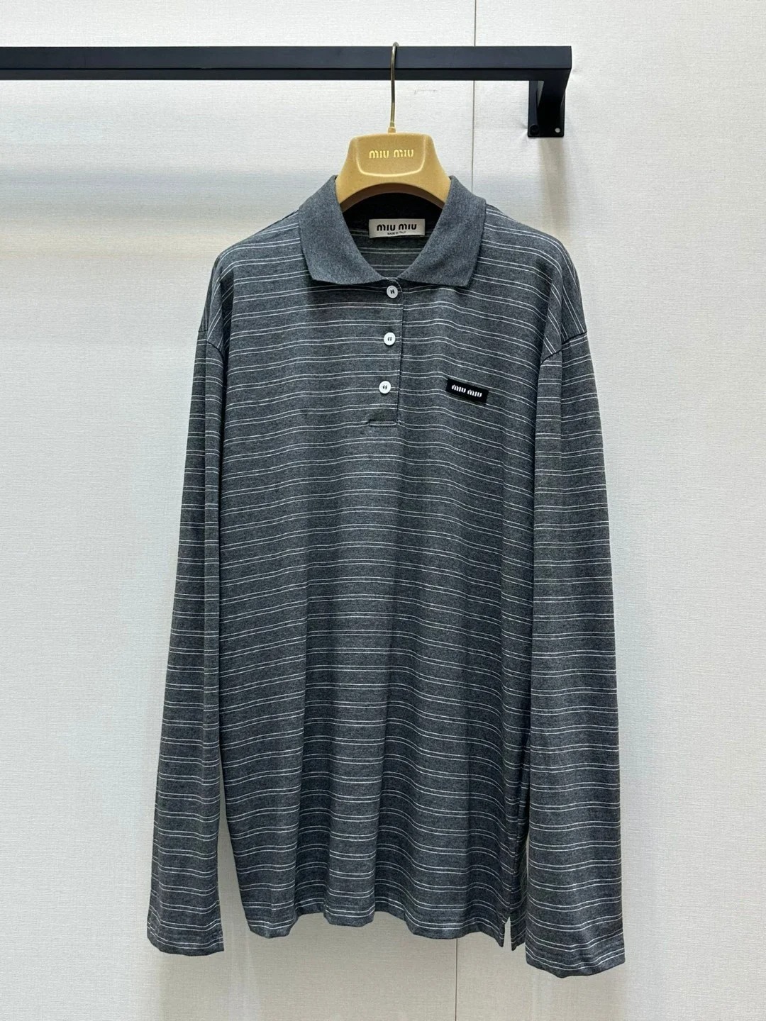 MIU25SS Grey Stripe Lapel Long Sleeve T-Shirt