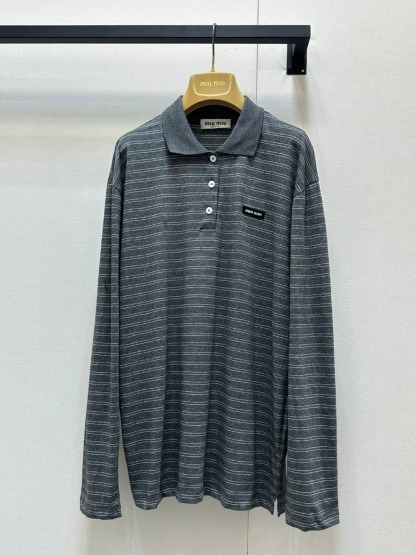 MIU25SS Grey Stripe Lapel Long Sleeve T-Shirt