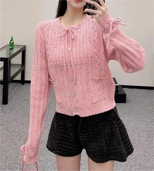 CHANE25SS Crafted Lace-Up Pink Cardigan