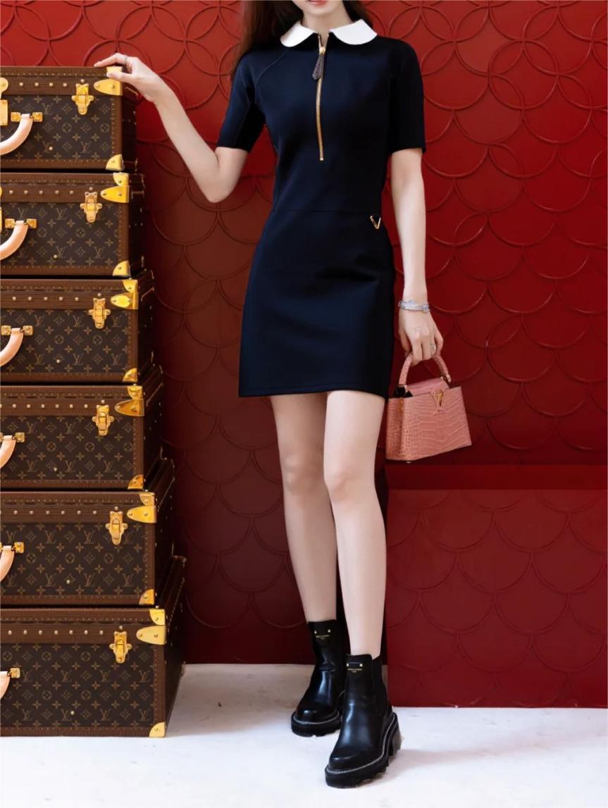 LU25SS Vintage French Doll Neck Black Dress