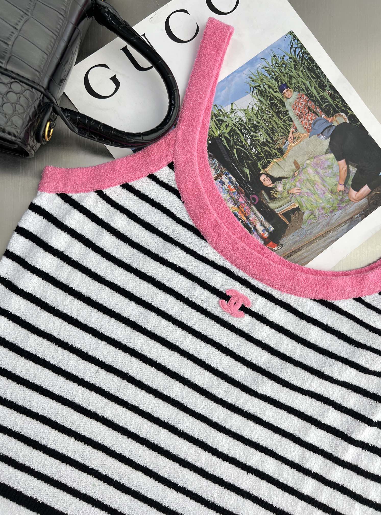 CHNEL pink and black striped color clash dress