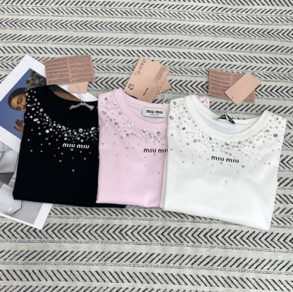 MIU25SS Handmade Starry Star Beaded Pattern Letter Short T-Shirt