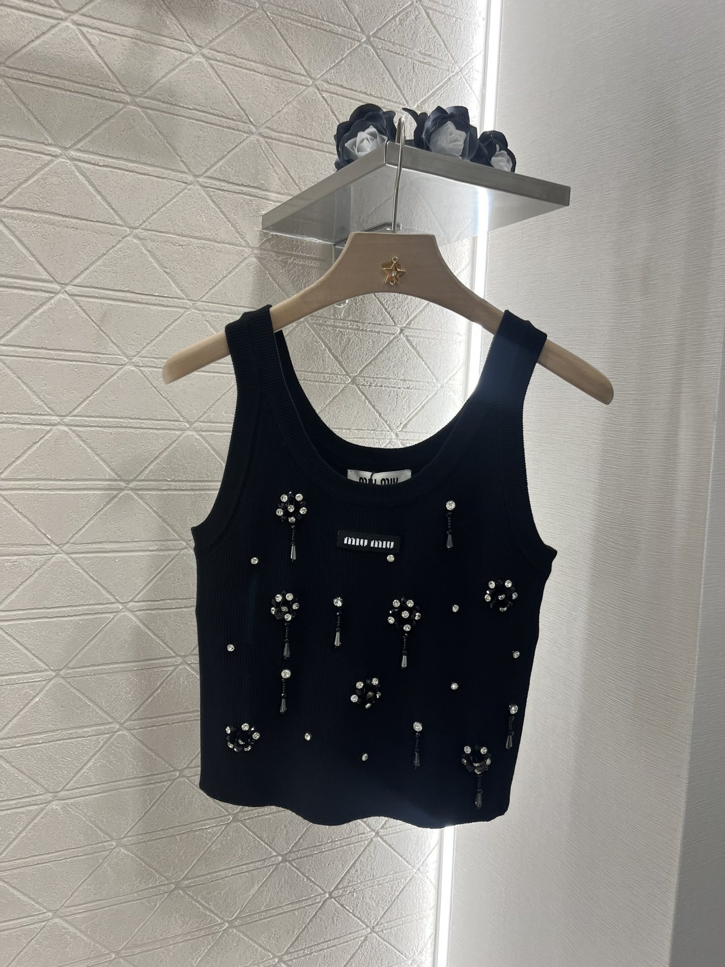 MIU25SS beaded rhinestone knit tank top