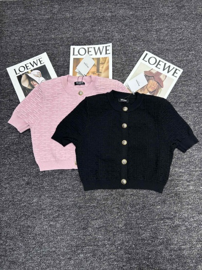 BAL Gold Thread Jacquard Round Neck Short Sleeve Cardigan