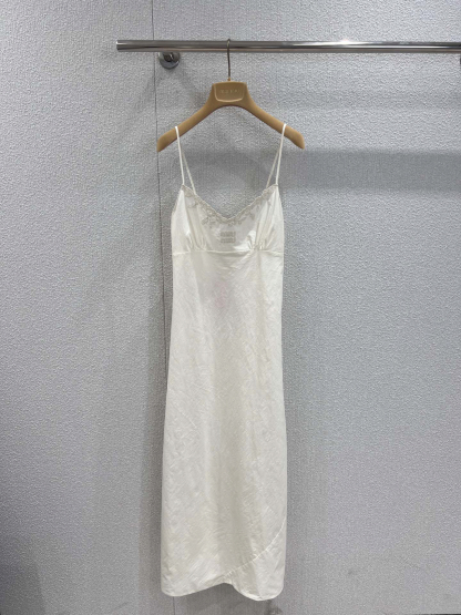 MIU25SS Ivory Embroidered Waist-Closing Long Halter Dress