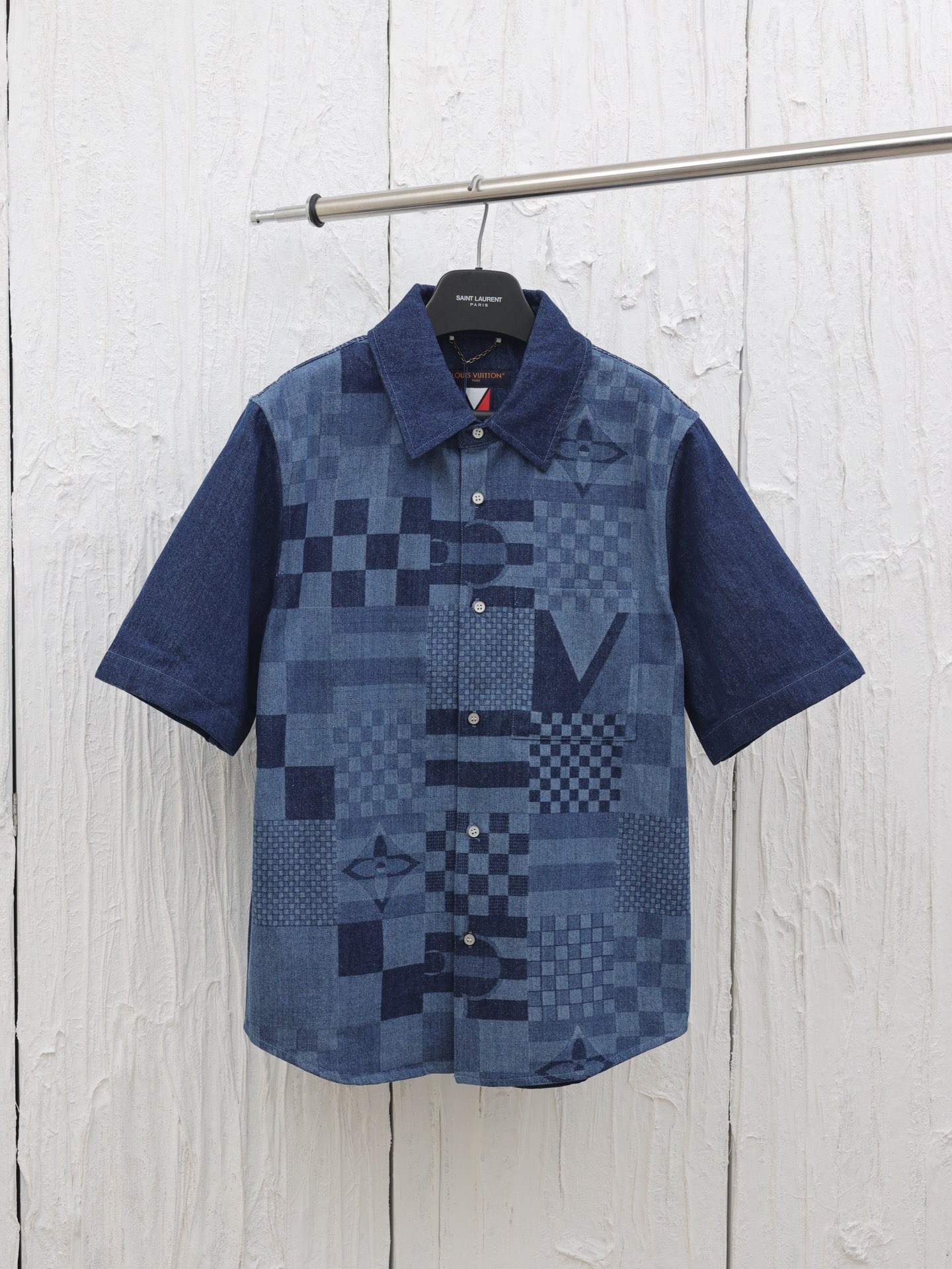 1V Color blocked checkered denim short sleeved shirt