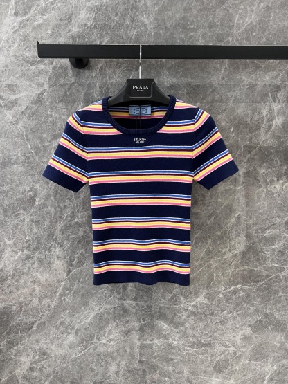PLD 25SS Round neck color stripe knitted short sleeved shirt