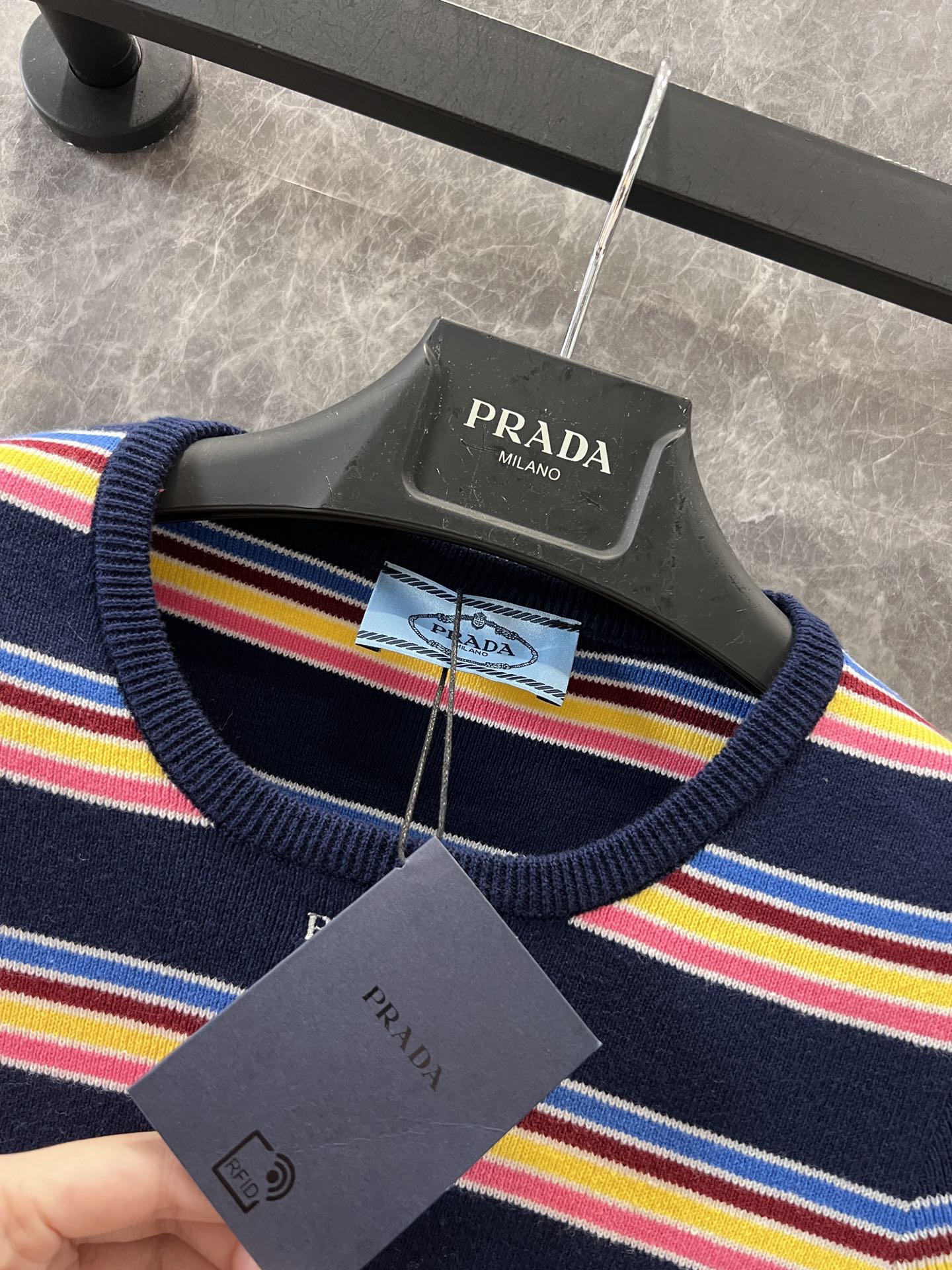 PLD 25SS Round neck color stripe knitted short sleeved shirt