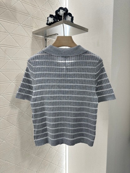 CHAN 25SS Hollow striped knitted short sleeved shirt