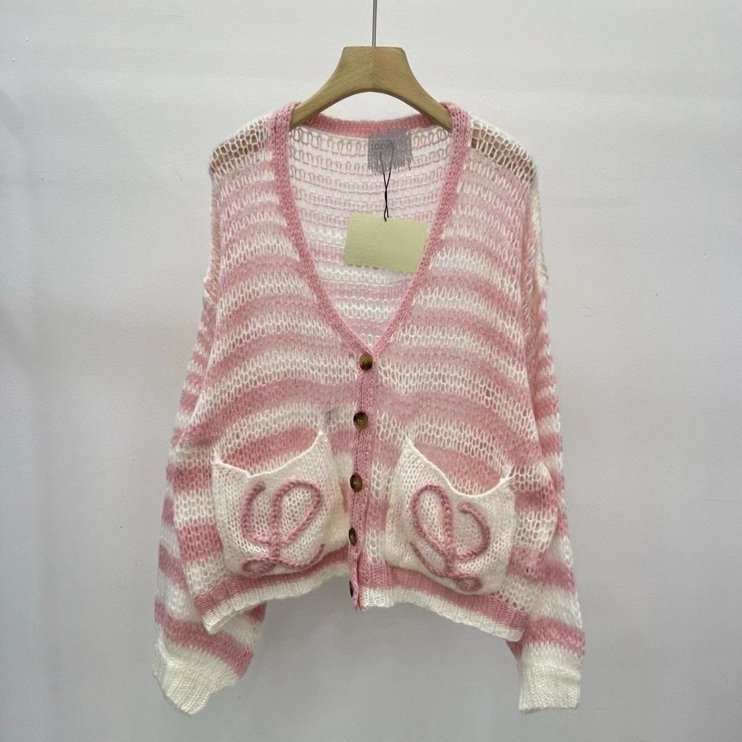 Striped hollow-out knitted cardigan