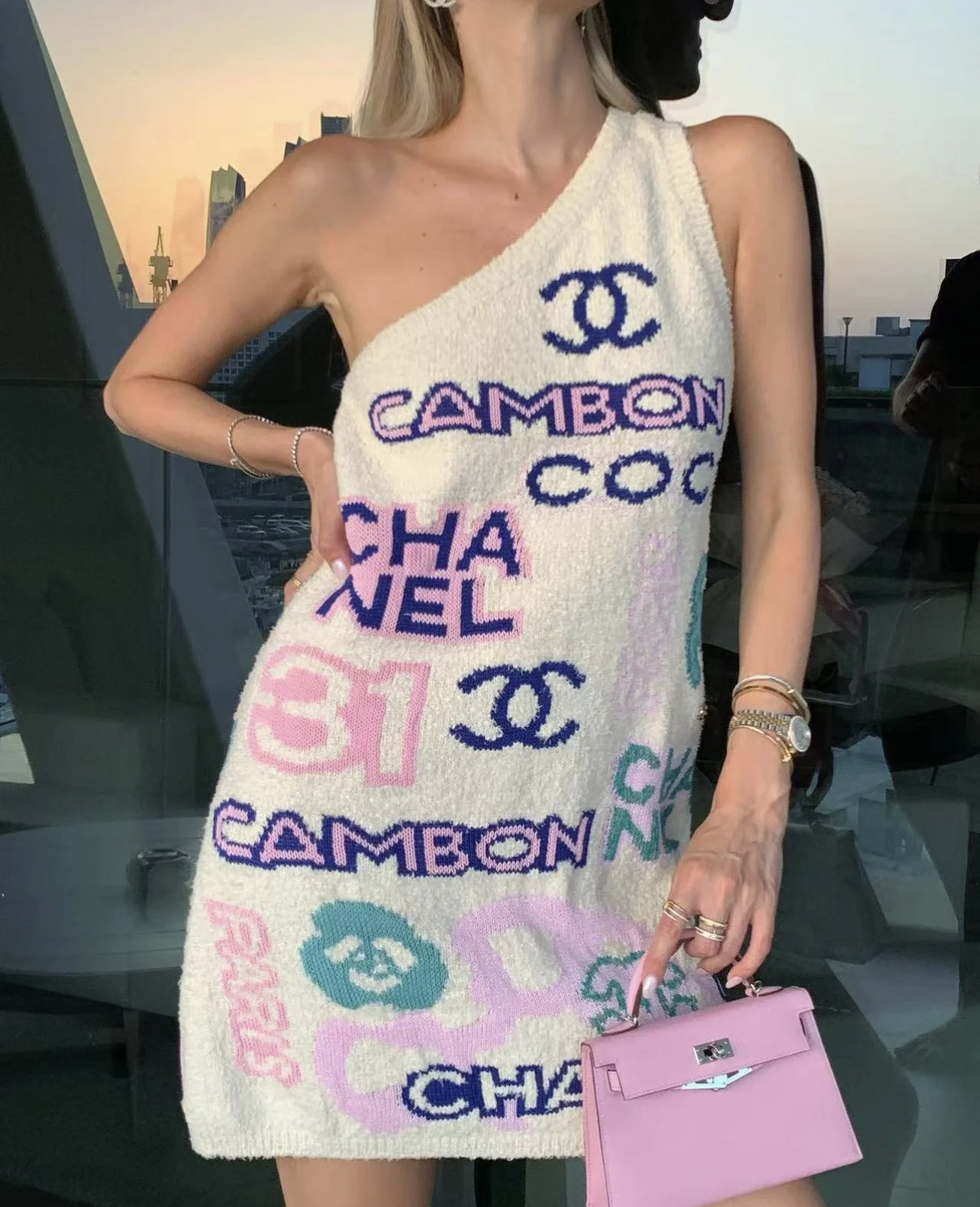 XX Customized custom dyed multi colored yarn slanted shoulder slim fit dress