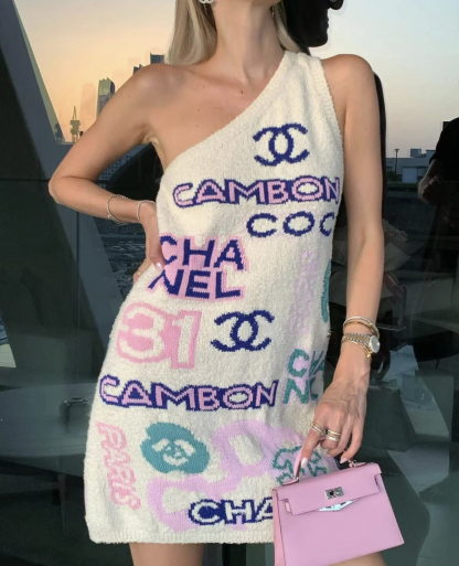 XX Customized custom dyed multi colored yarn slanted shoulder slim fit dress