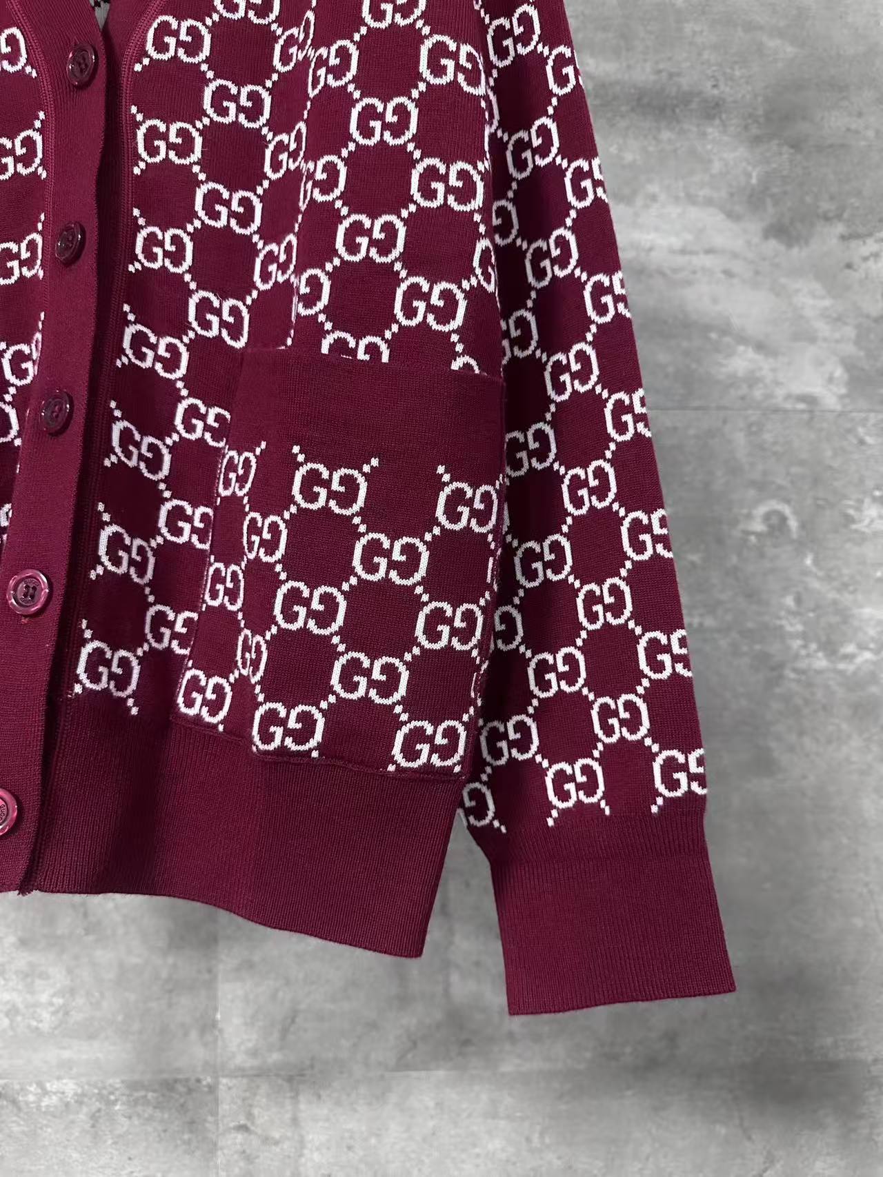 GG 25SS Wine red full printed logo knitted cardigan