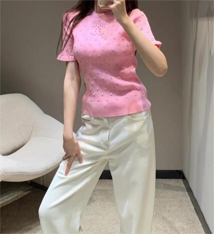 CHANE round neck polka dot knit short sleeve