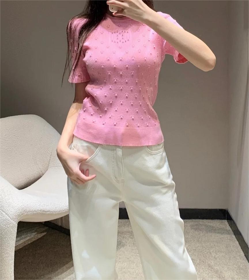 CHANE round neck polka dot knit short sleeve
