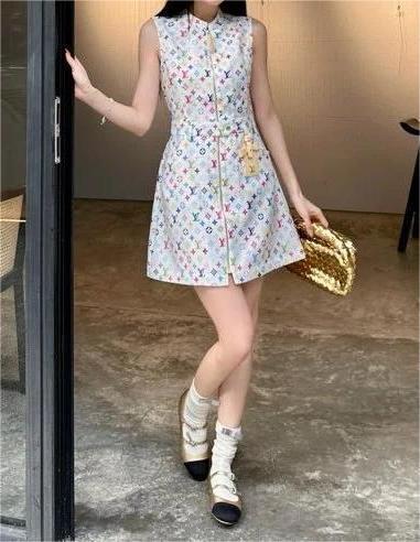 Louis Vuit2025SS Printed Zip Leather Tag Vest Dress