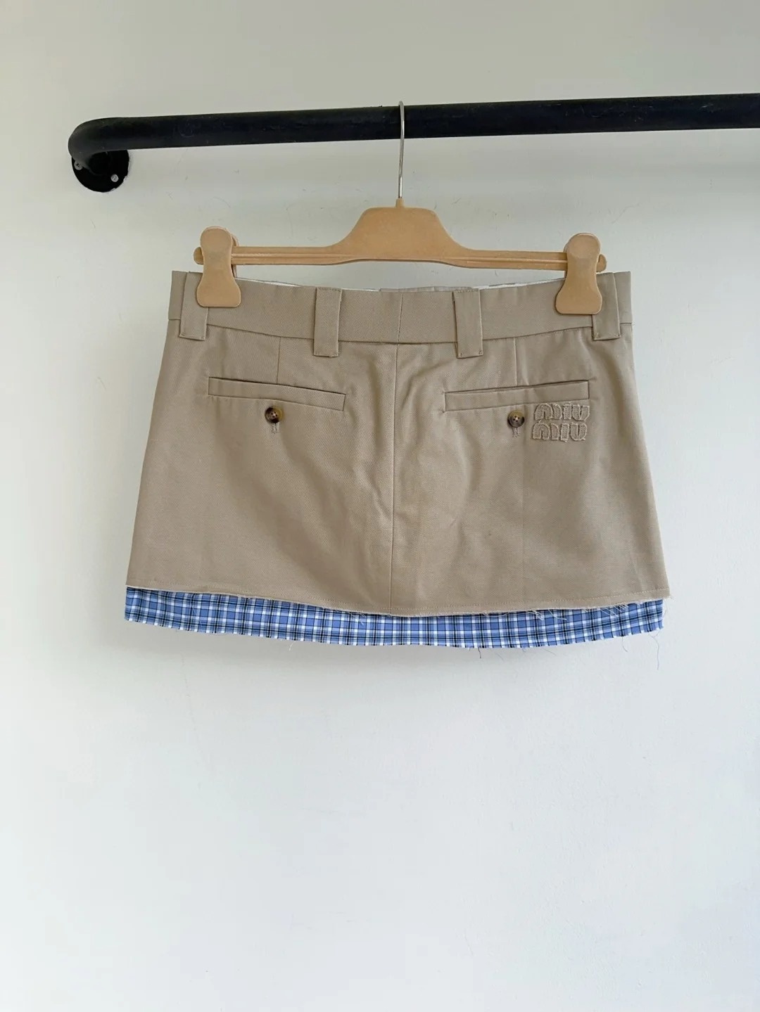 MIU25SS Plaid Patchwork Embroidered Letter Half Skirt