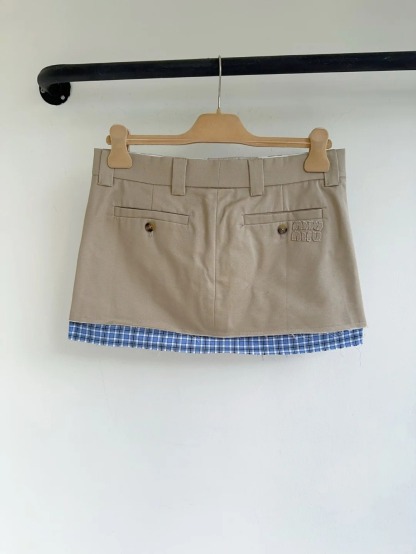 MIU25SS Plaid Patchwork Embroidered Letter Half Skirt