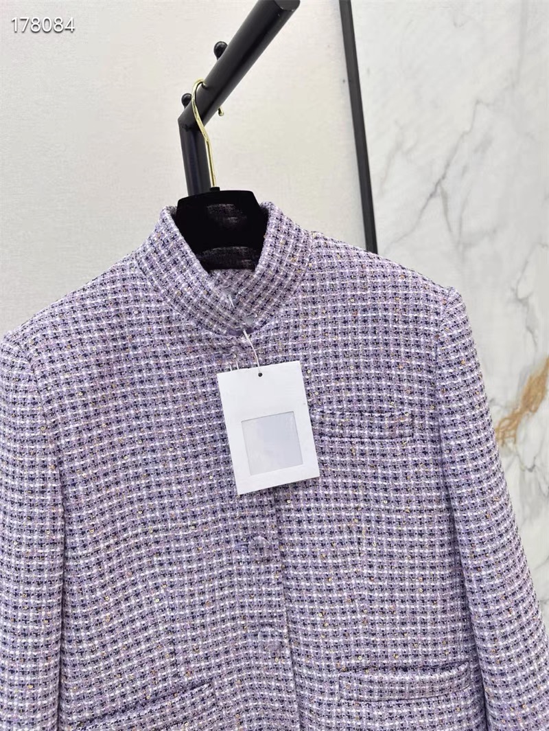 CHAN 25SS Spring and summer new retro woven plaid sequin coarse tweed stand up collar slim fit single breasted versatile short jacket