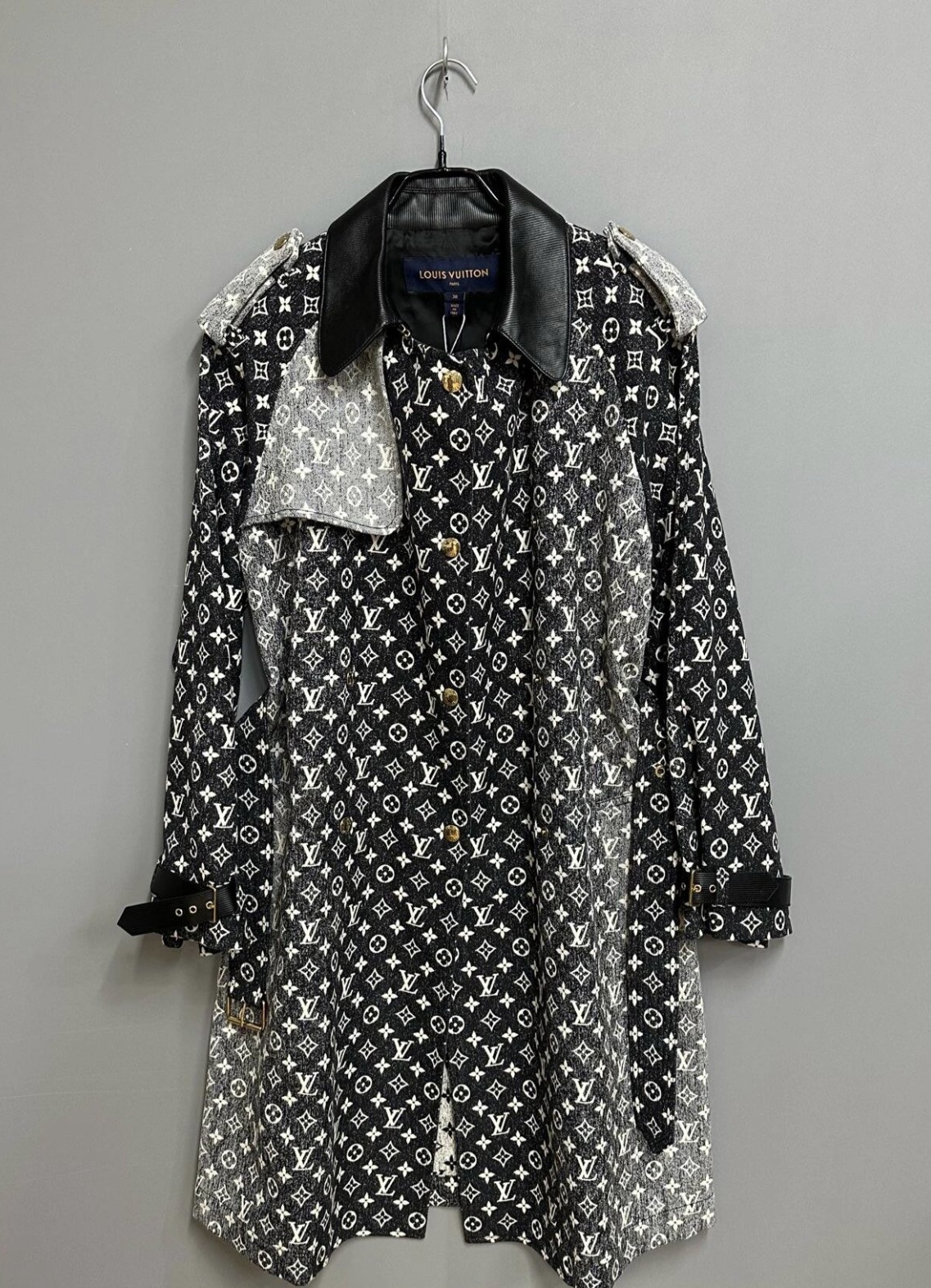 1V Vintage leather collar long windbreaker