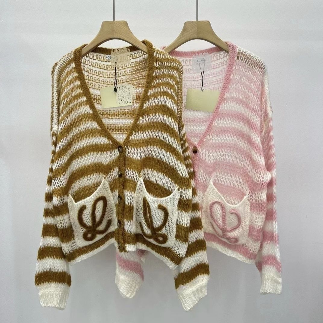 Striped hollow-out knitted cardigan