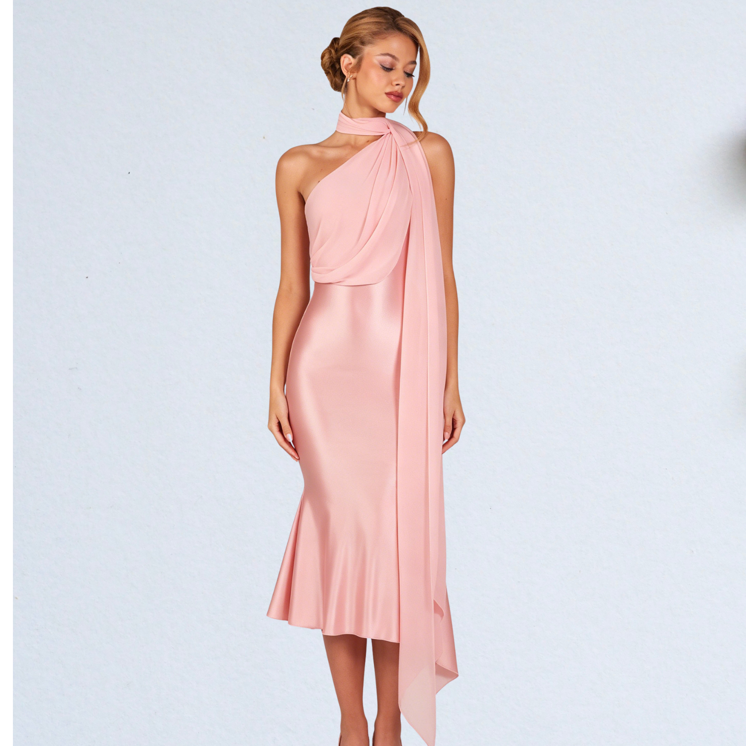 One-Shoulder Sash Satin Midi Dress