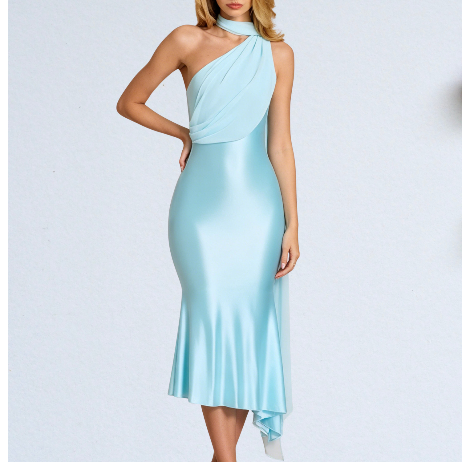 One-Shoulder Sash Satin Midi Dress