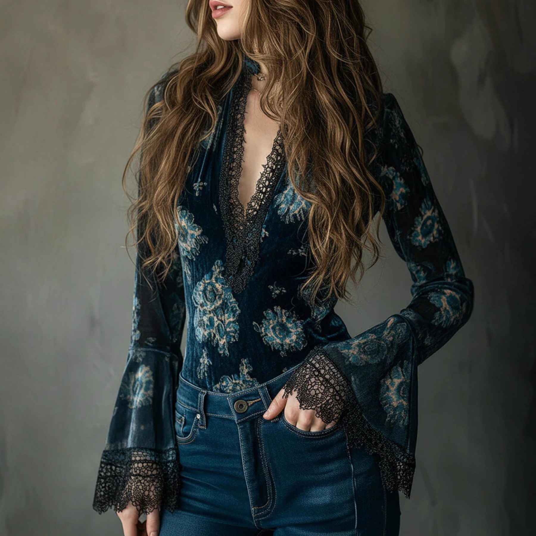 Lace Trimmed Deep V Floral Velvet Bell Sleeve Blouse