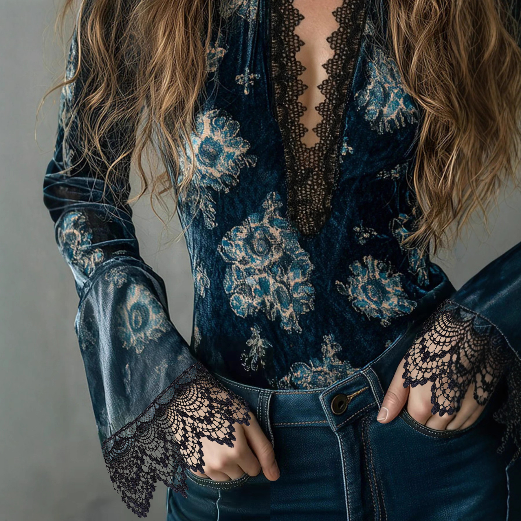 Lace Trimmed Deep V Floral Velvet Bell Sleeve Blouse