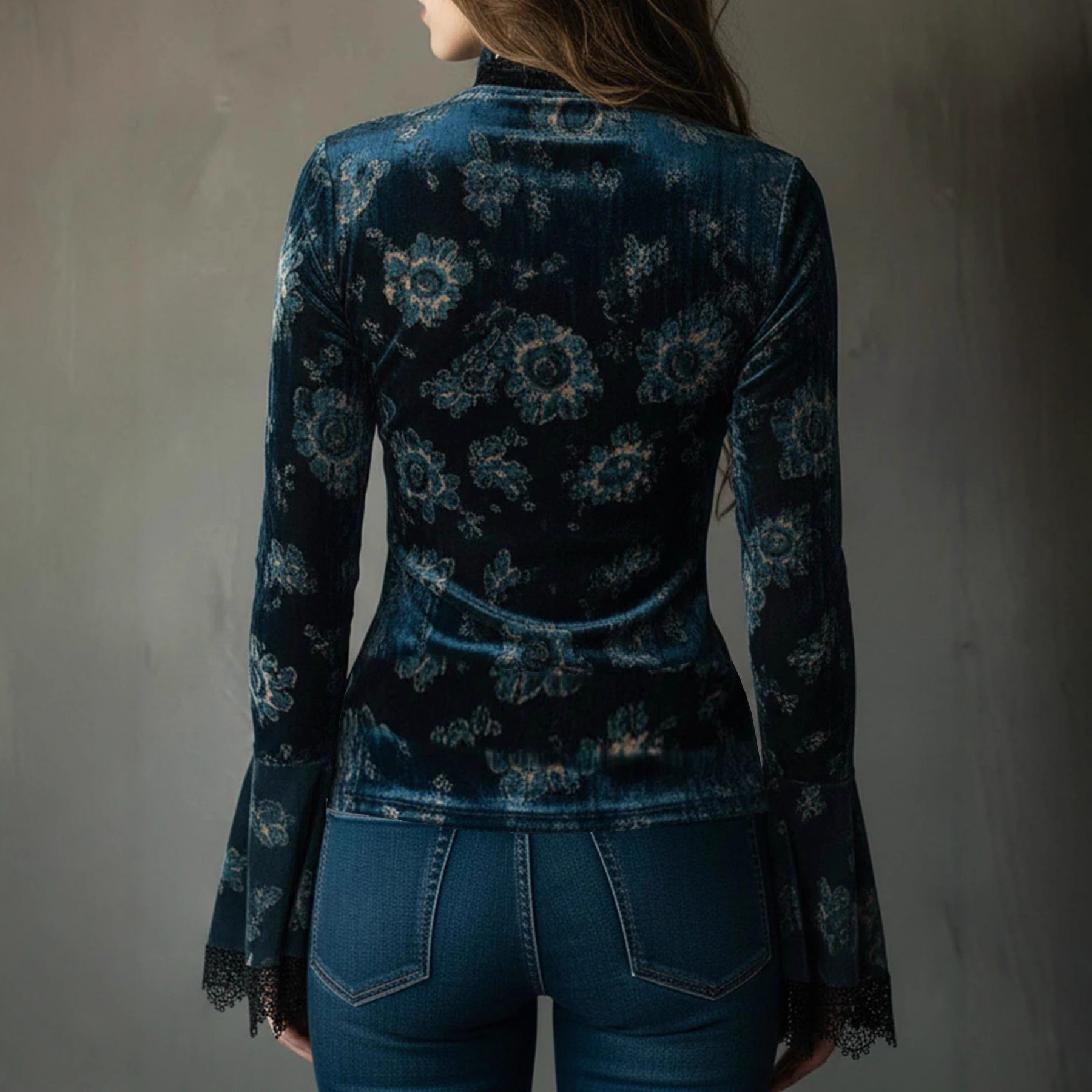 Lace Trimmed Deep V Floral Velvet Bell Sleeve Blouse