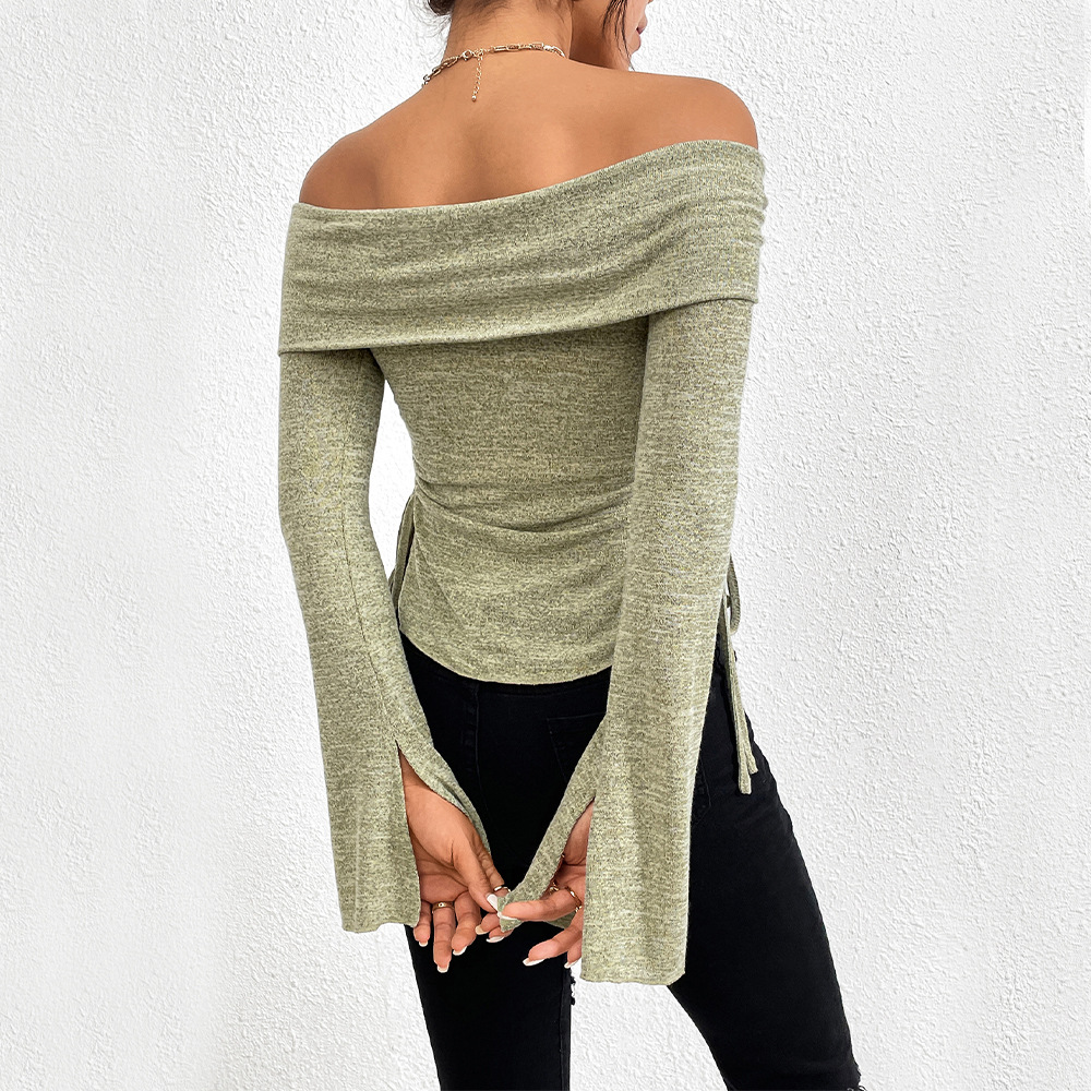 Lightweight Off-Shoulder Knit Top – Slit, Flared Sleeves, Sexy for Late Spring/Early Summer