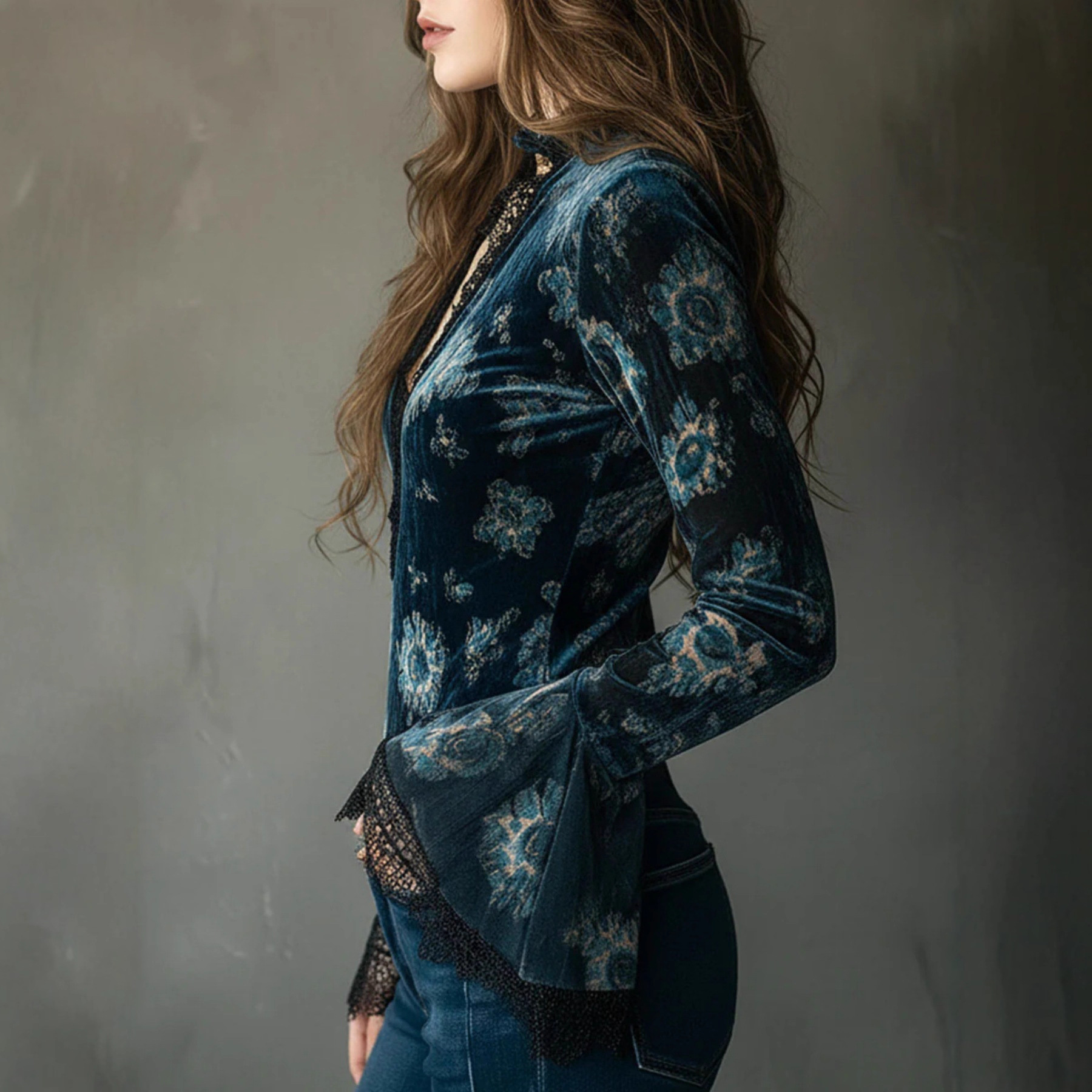 Lace Trimmed Deep V Floral Velvet Bell Sleeve Blouse