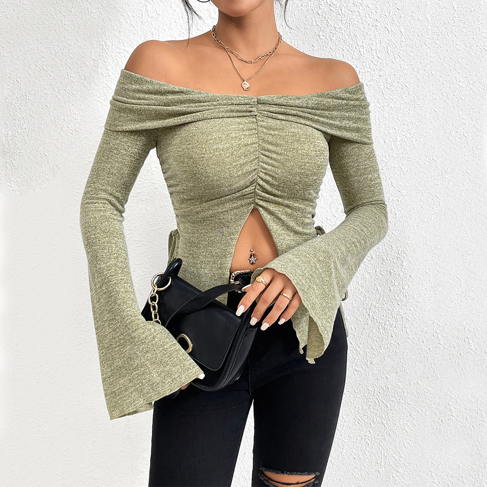 Lightweight Off-Shoulder Knit Top – Slit, Flared Sleeves, Sexy for Late Spring/Early Summer