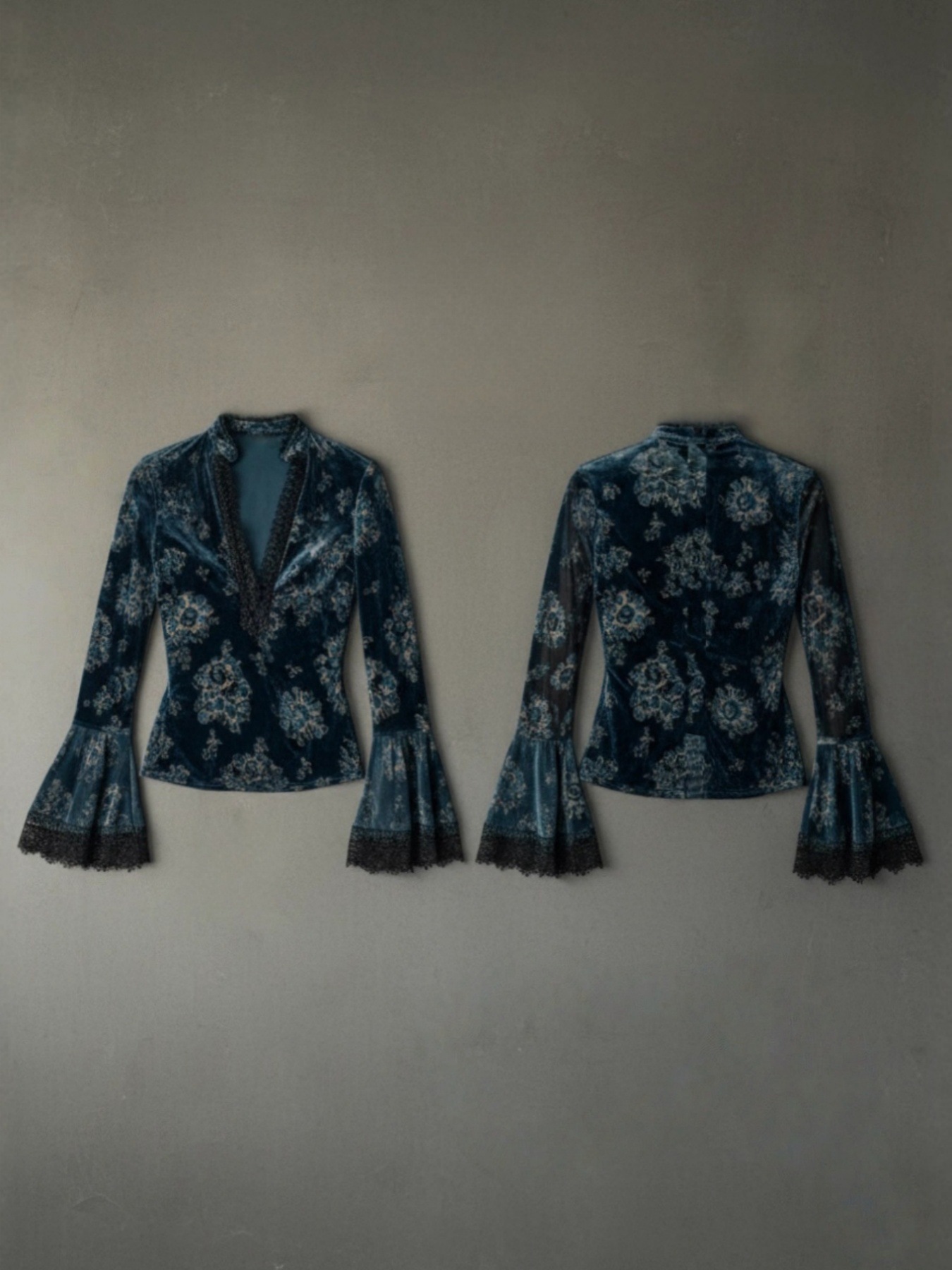 Lace Trimmed Deep V Floral Velvet Bell Sleeve Blouse