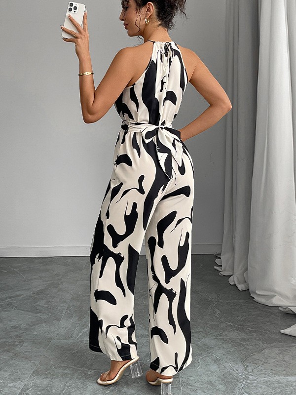 Artistic Fluid-Print Halter Jumpsuit with Waist-Defining Tie