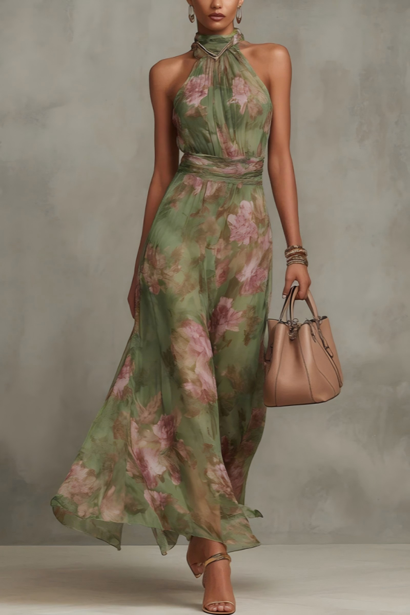 Backless Halter Maxi Dress in Vintage Print - Chic Flowy Summer Outfit