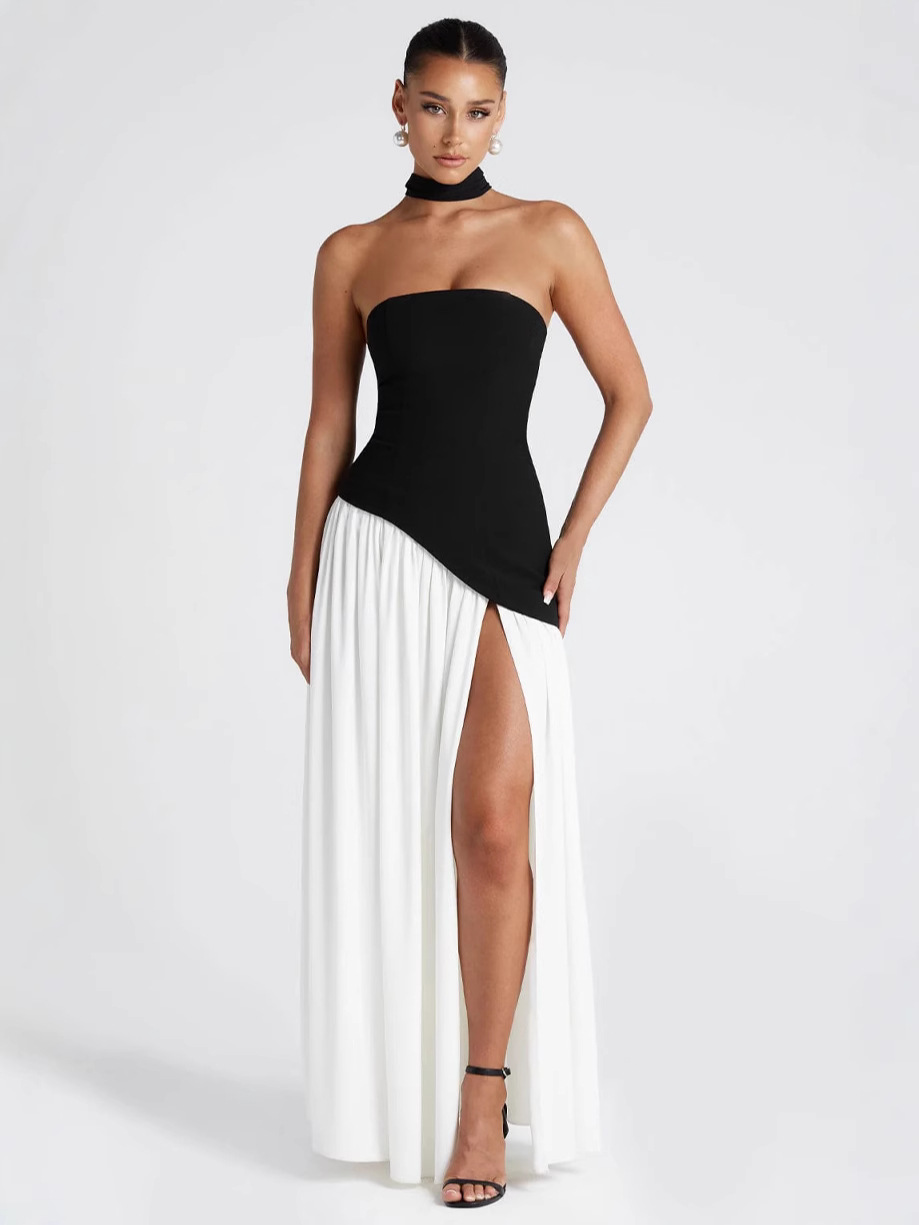 Asymmetric Strapless Gown with Scarf Accent